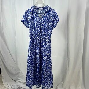 Blue and White Cuffed Sleeve Midi Sundress